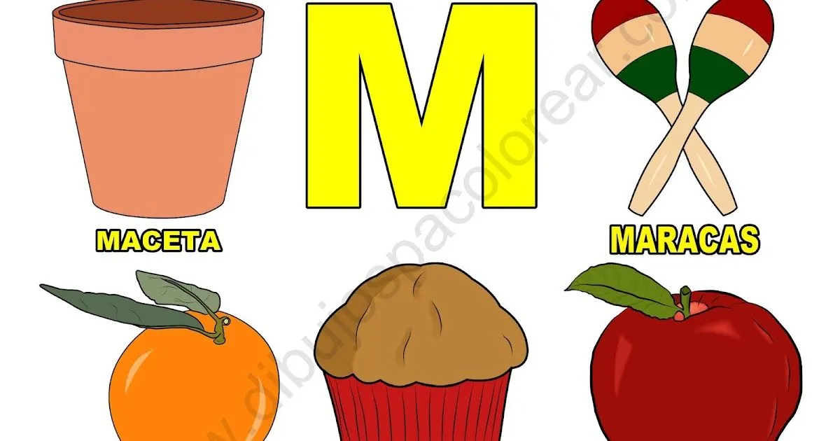 Cinco Palabras con la letra M dibujo a color y para colorear