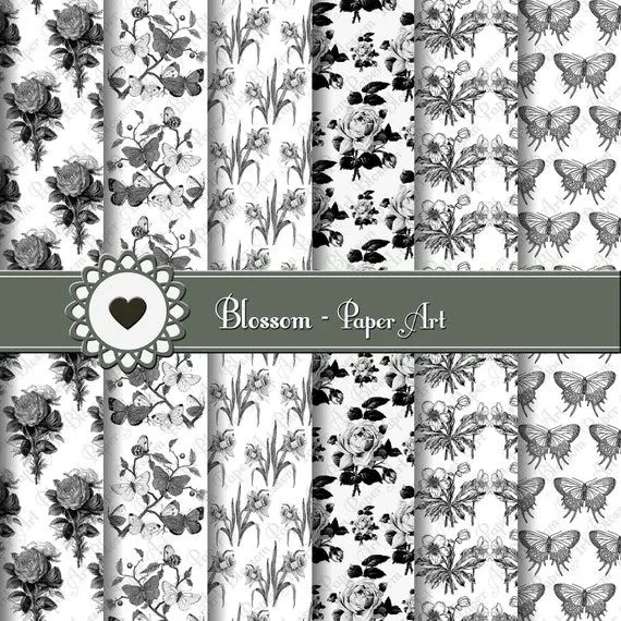 Papeles Decorativos Flores Blanco y Negro por blossompaperart