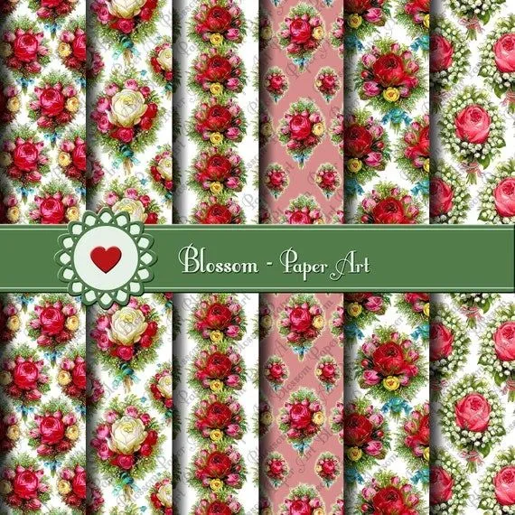 Papeles Digitales de Rosas rojas Flores Vintage por blossompaperart