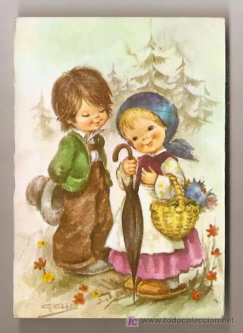 Pareja de niños felices (Postales - Dibujos y Caricaturas)