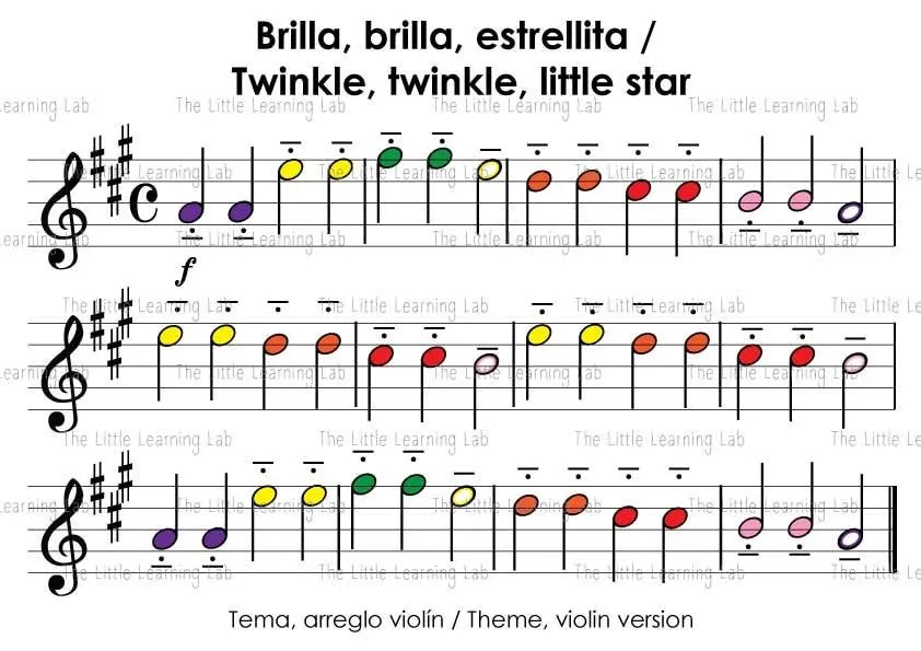 Partituras para principiantes violín PDF notas con código colores aprende  música música para niños tema Estrellita Twinkle twinkle - Etsy México