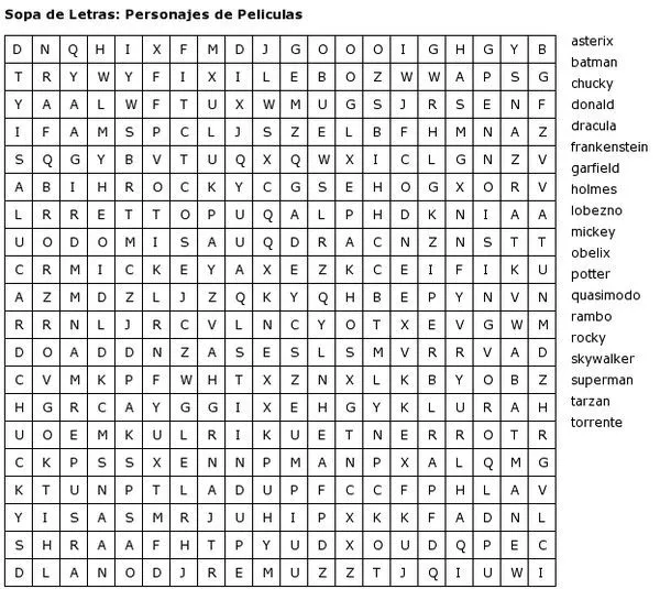 Pasatiempos para Imprimir: Sopa de Letras: Personajes de Peliculas Pasatiempos para Imprimir: Sopa de Letras: Personajes de Peliculas