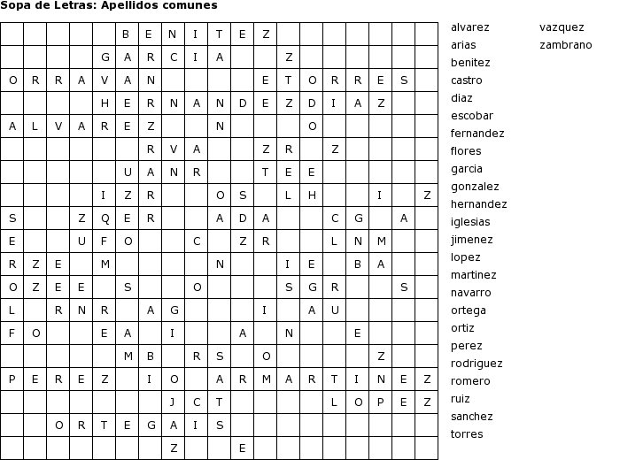 Pasatiempos para Imprimir: Sopa de Letras - Apellidos comunes Pasatiempos para Imprimir: Sopa de Letras - Apellidos comunes