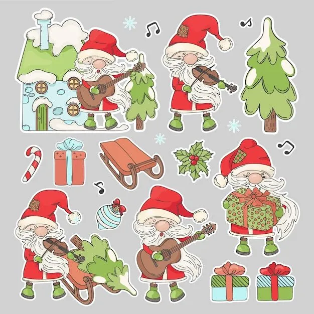 Pegatinas de navidad de santa dibujos animados de santa claus con  instrumentos musicales y atributos de