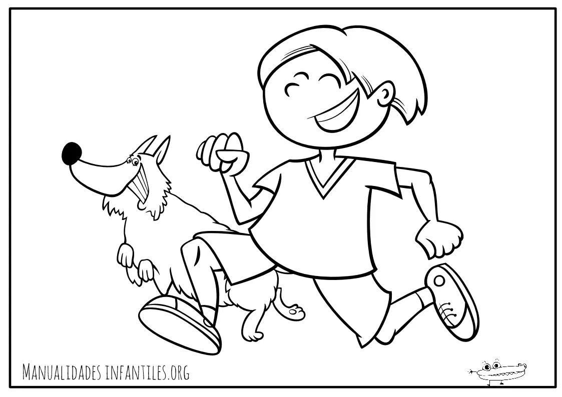 Perro corriendo con niño para colorear - Manualidades Infantiles