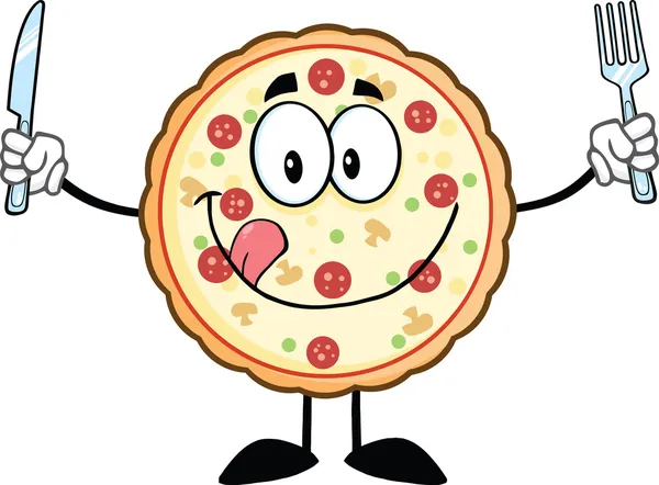 Personagem de mascote de desenho engraçado pizza com garfo e faca ...