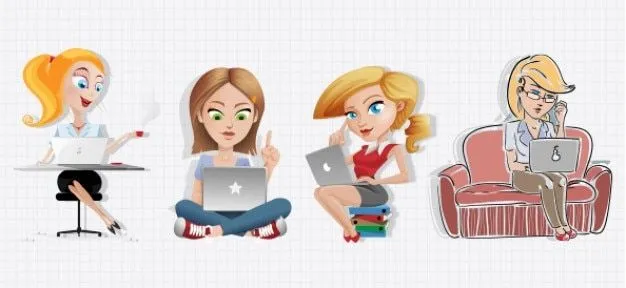 Personaje de dibujos animados mujeres con ordenador portátil ...