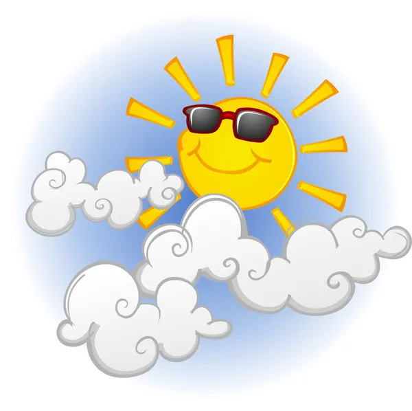 personaje de dibujos animados sol fresco en las nubes — Vector ... personaje de dibujos animados sol fresco en las nubes — Vector ...