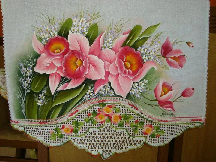 Camino de mesa floral tonos rosa pintura + malla | Pintar tela ...
