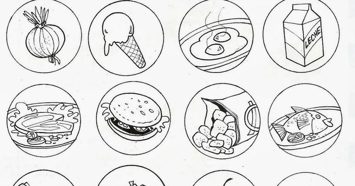 Pinto Dibujos: Alimentos saludables y alimentos chatarra para colorear