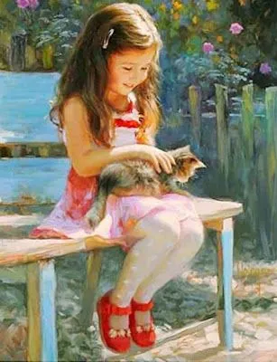 Pintor Vladimir Volegov. Pintura y Fotografía Artística : Pinturas óleo niñas con mascotas.