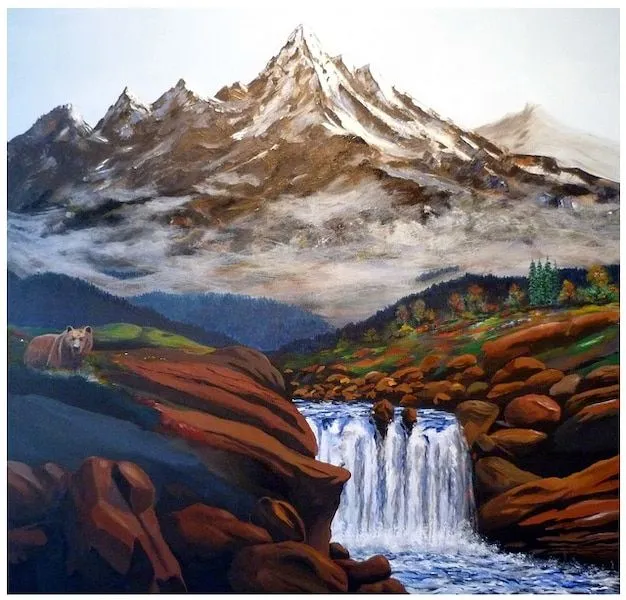 pintura del arte de la pintura montañas cascada de color ...