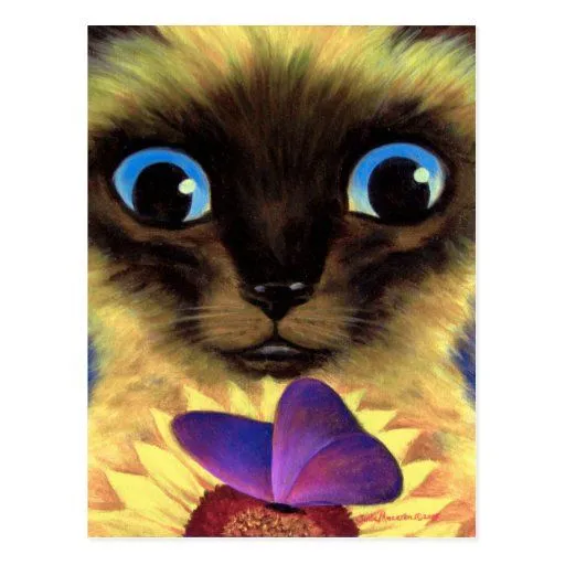 Pintura del gato siamés con la mariposa - multi postal | Zazzle