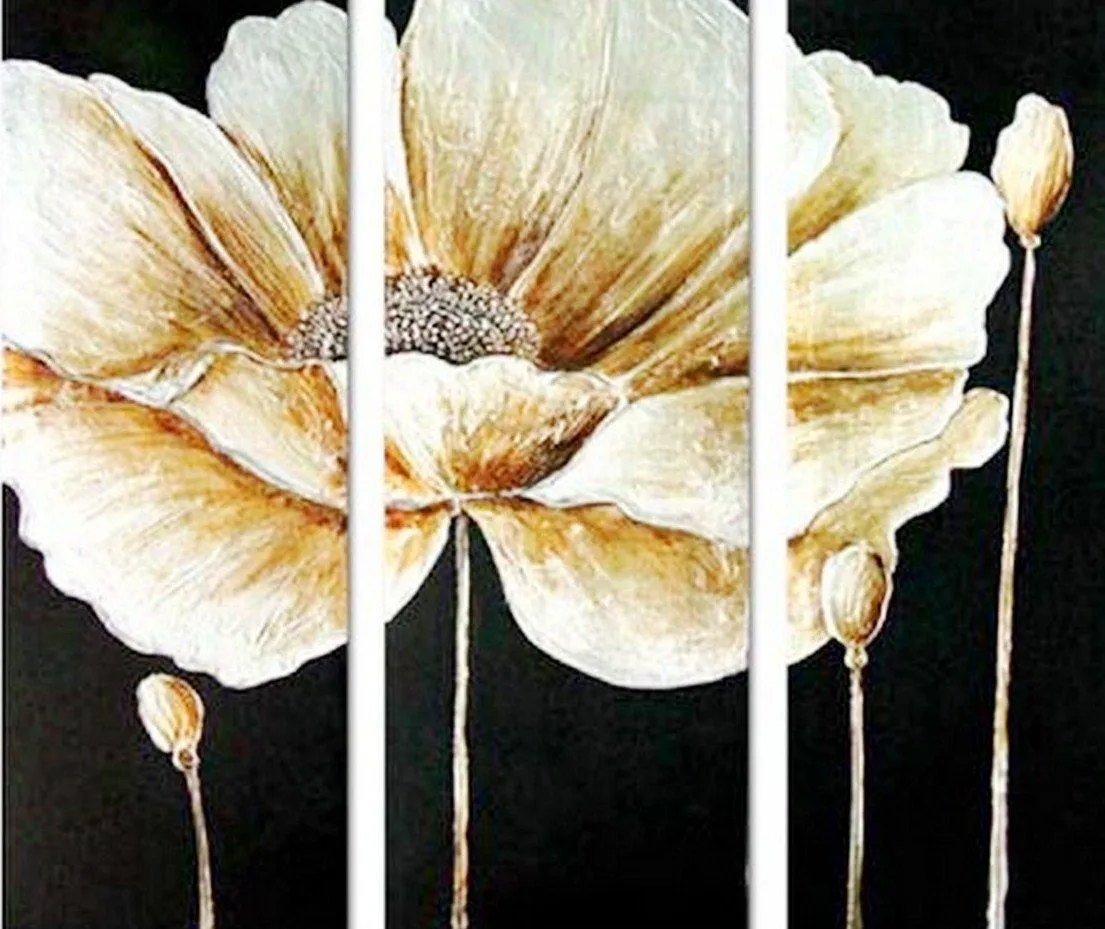 Pintura Moderna al Óleo: Bodegón tríptico moderno con flores