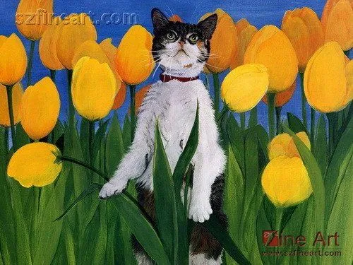 Pintura al óleo animal abstracta encantadora del gato en las flores ...
