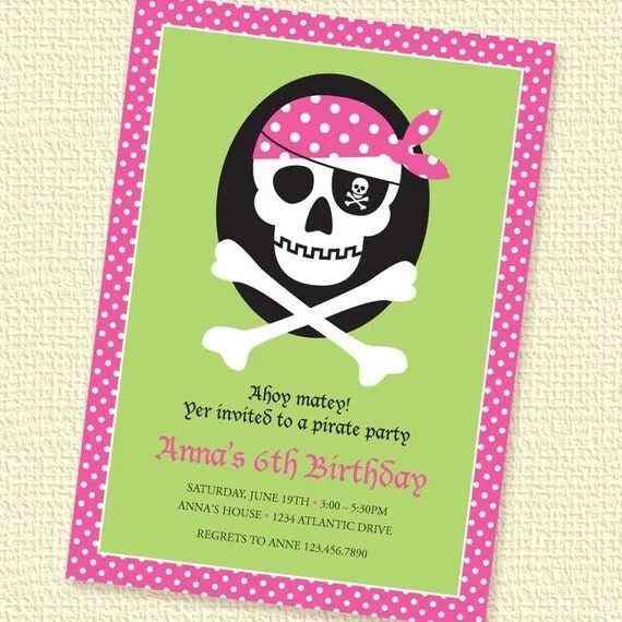 Pirata calavera Rosa cumpleaños invitación fiesta por paperspice