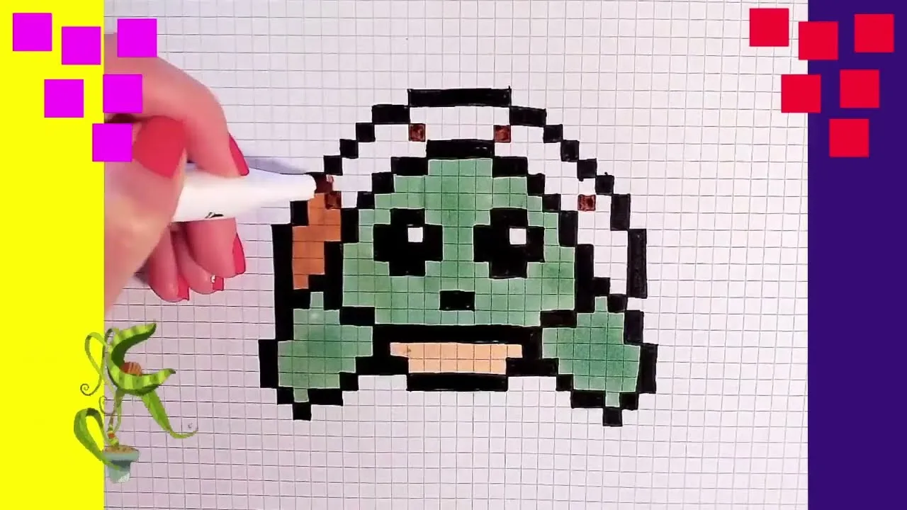 Pixel Art hecho a mano Como dibujar en papel cuadriculado paso a paso  tortuga 