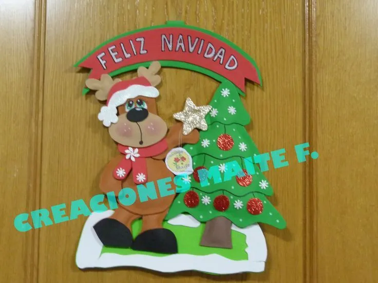 placa de navidad para puerta en goma eva reno con arbol de navidad ...