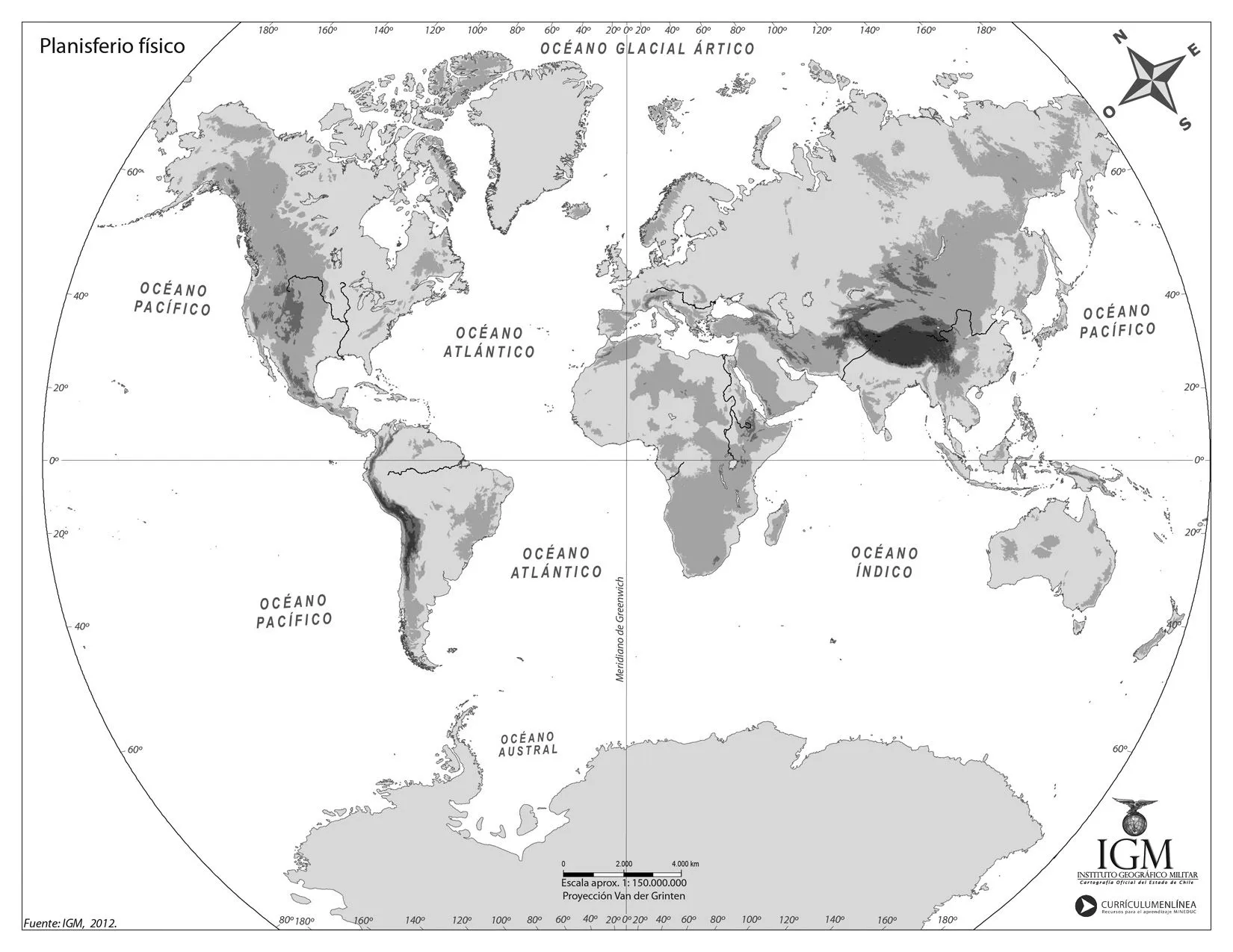 Planisferio físico blanco y negro mudo - Currículum en línea ...