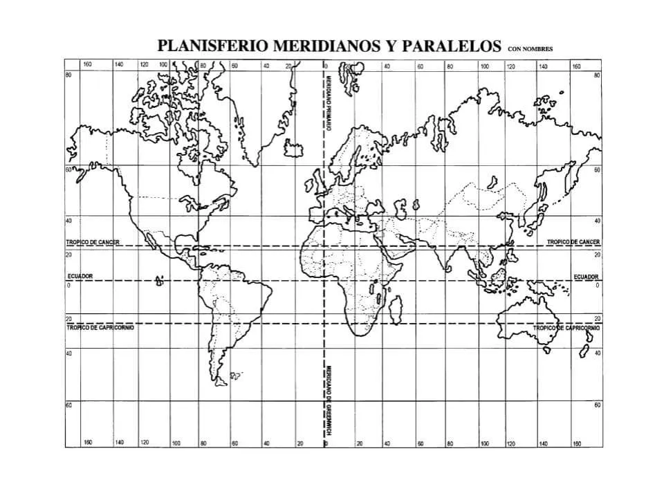 Planisferio de los meridianos y paralelos - con nombres y sin nombres