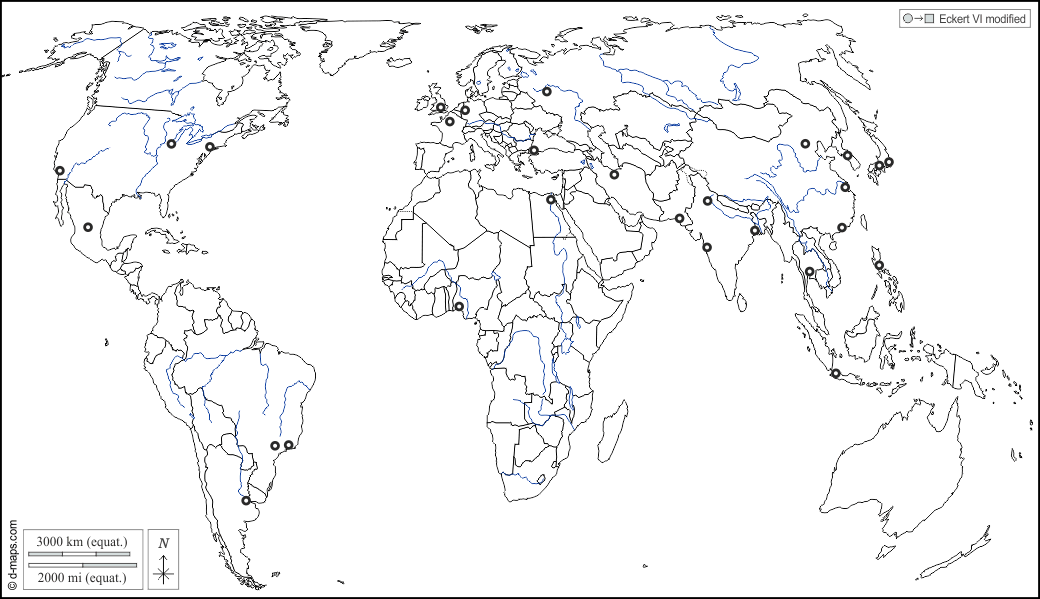 Planisfero Mondo (Europa Africa) mappa gratuita, mappa muta gratuita, cartina  muta gratuita idrografia, stati, agglomerazioni principali, nomi, bianco