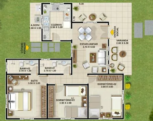 Plano de casa de 100 metos cuadrados - 3 dormitorios - 1 Piso