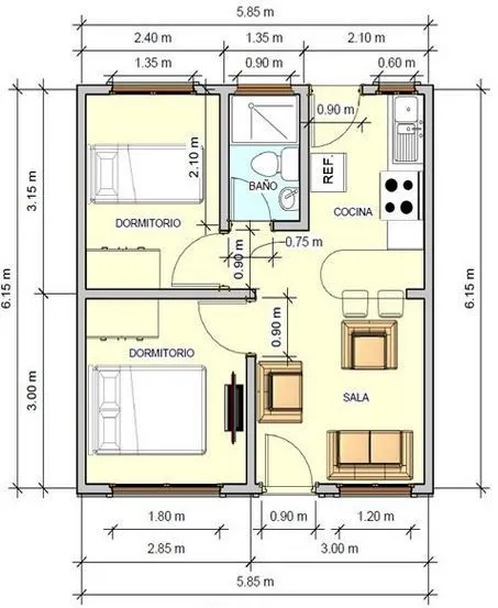 plano de casa con medidas 36m2 2 dormitorios | muebles decoracion ...