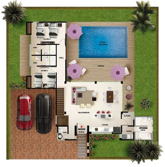 Plano de casa moderna de dos pisos con piscina | Planos de casas ...