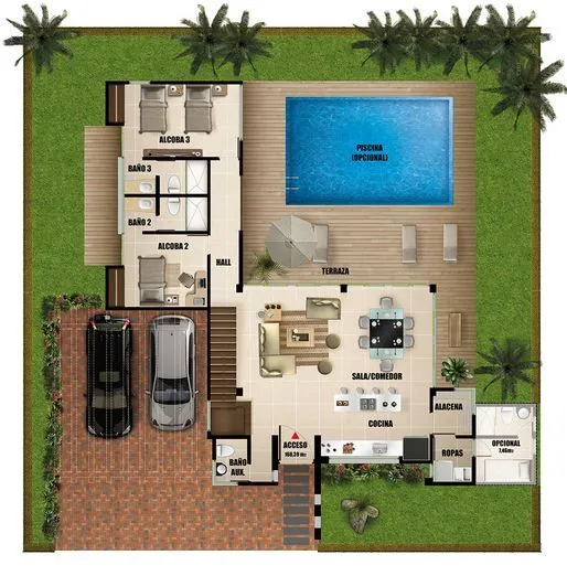 Plano de casa moderna de dos pisos con piscina | Planos de casas ...
