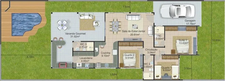 Plano de casa para sitio de 10x30 metros con 3 dormitorios