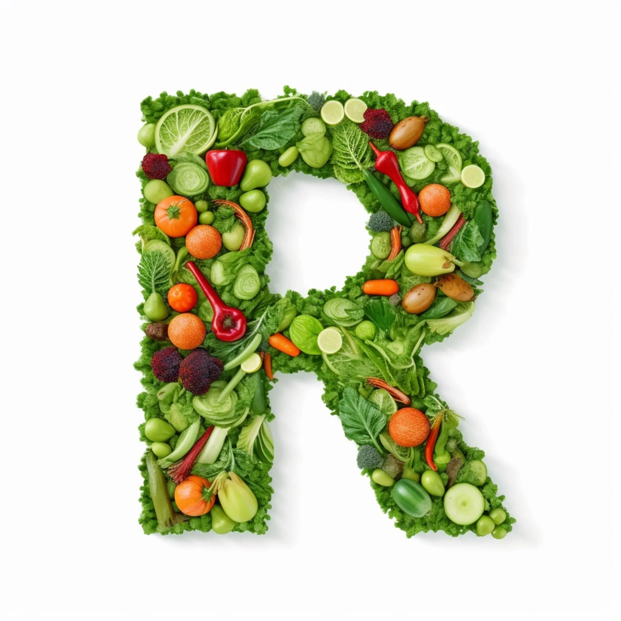 Un primer plano de una letra r hecha de frutas y verduras ai generativa |  Foto Premium
