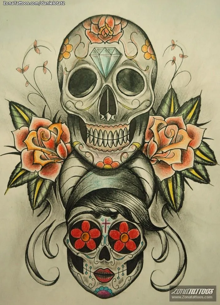 Plantilla/Diseño Tatuaje de DanielOTat2 - Calaveras Rosas Diamantes