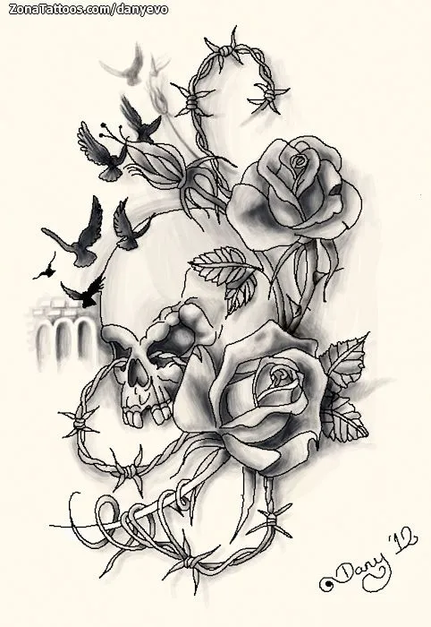 Plantilla/Diseño Tatuaje de DanyEvo - Flores Calaveras Rosas