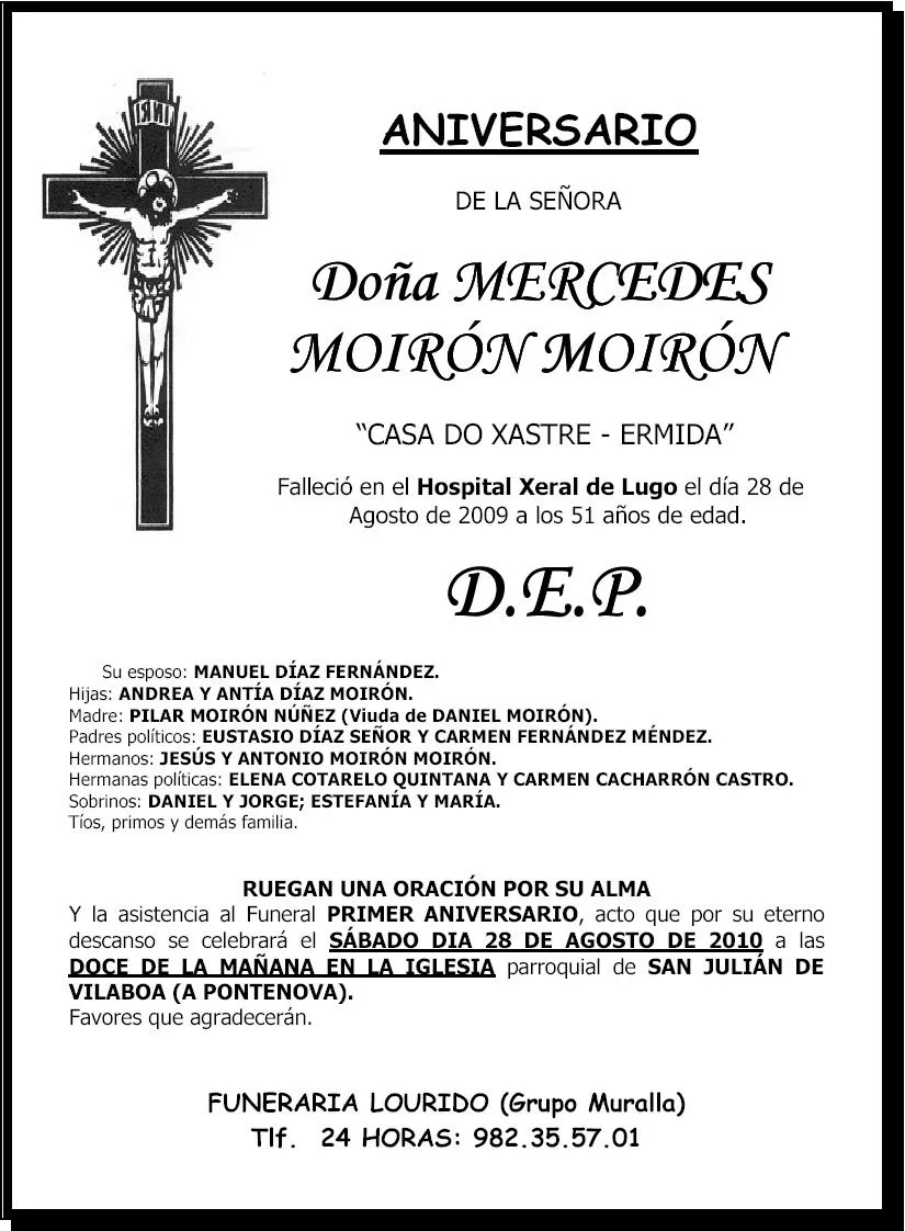A Pontenova: Esquela aniversario Mercedes Moirón Moirón (Casa do ...