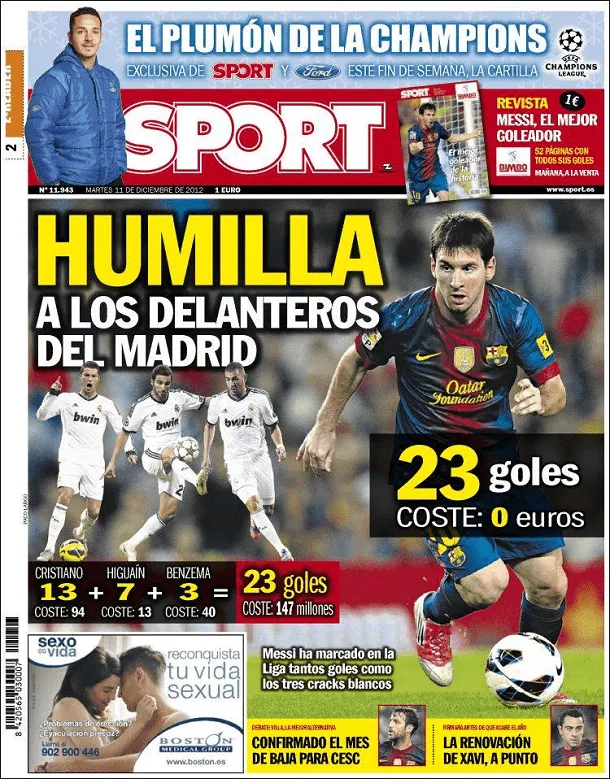 Portada Sport 11/12/2012 - Messi humilla a los delanteros del ...