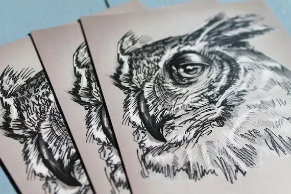 Postal de búho x 1 búho cornudo Sketch de búho por illustratorlaura