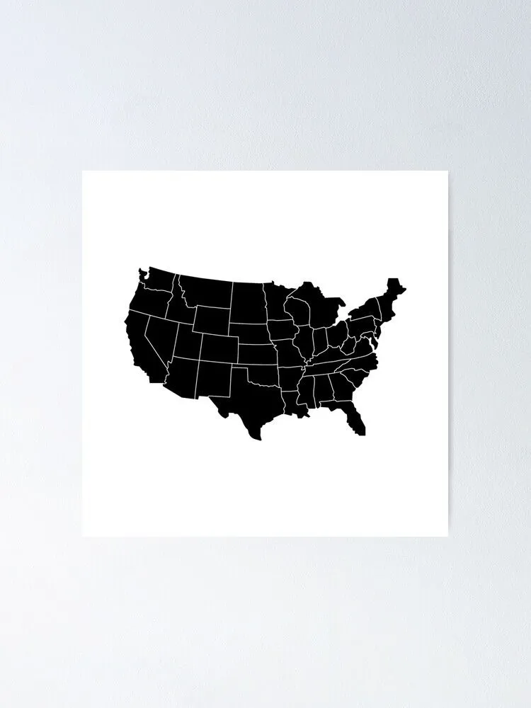 Póster for Sale con la obra «Esquema del mapa de Estados Unidos en blanco y  negro» de the-college-gal | Redbubble