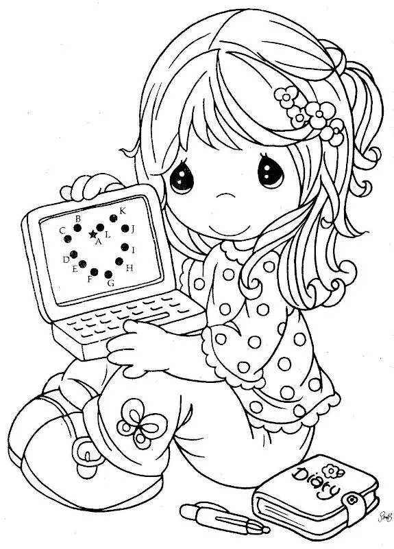 Una niña jugando computador en dibujo para colorear - Imagui