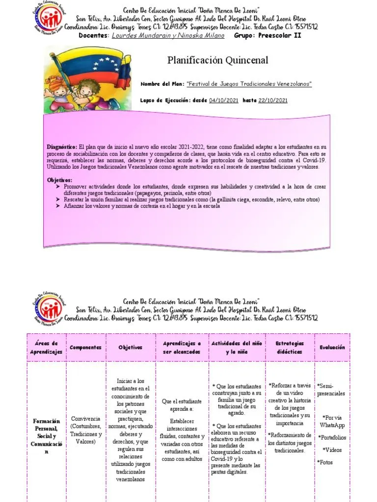 Preescolar II Planificacion Quincenal Juegos Tradicionales Ninoska y  Lourdes | PDF | Evaluación | Educación de la primera infancia