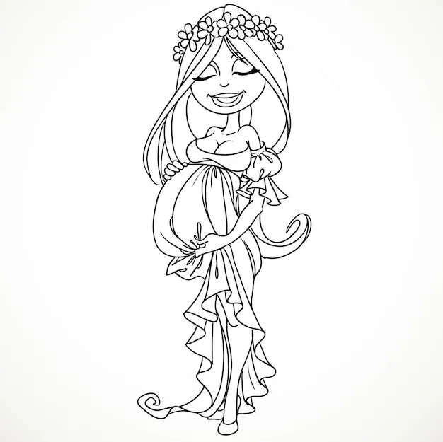Premium Vector | Dreaming pregnant woman in long dress in black outline for  coloring