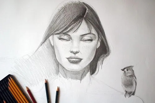 dibujos y diseño (a papel y photoshop: la mujer y el pájaro-poceso