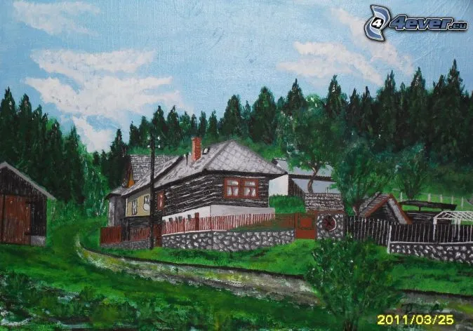 pueblo-pintado,-casas,-bosque, ...