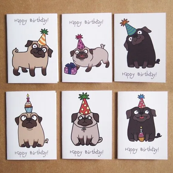 Pug Birthday Mini Notecard Set 6 pack por Pugsnkissesuk en Etsy