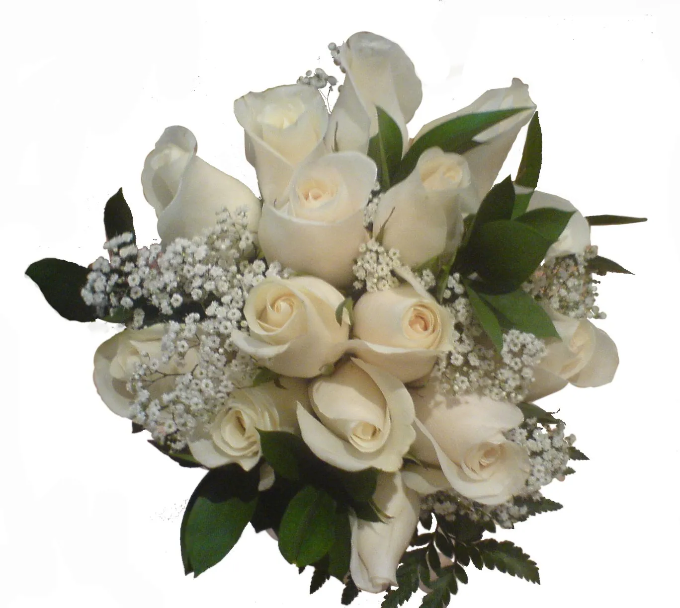 Ramo de novia de rosas blancas, gypsophila y follaje. Ramo de novia de rosas blancas, gypsophila y follaje.
