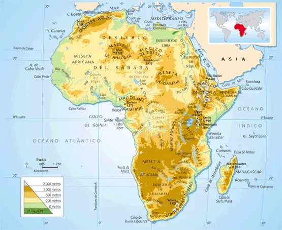 Red Geográfica: Mapa físico de África (1º G ESO)