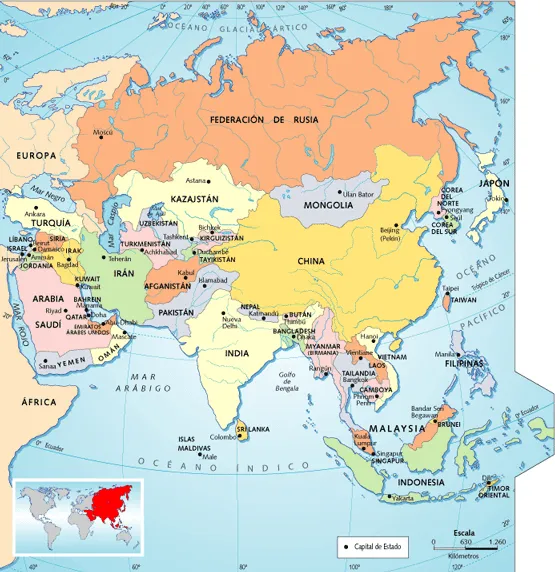 Red Geográfica: Mapas político y físico de Asia (3º ESO):
