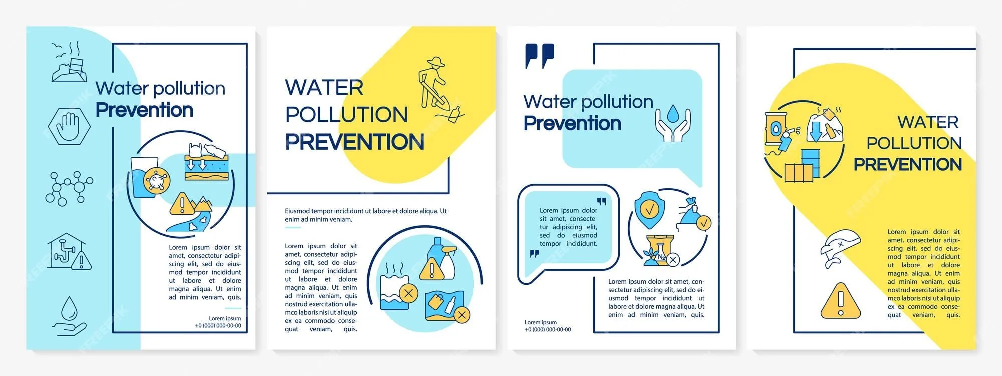 Reducción de la contaminación del agua plantilla de folleto azul y amarillo  consejos de conservación diseño de folletos con iconos lineales 4 diseños  vectoriales para la presentación de informes anuales fuentes questrial
