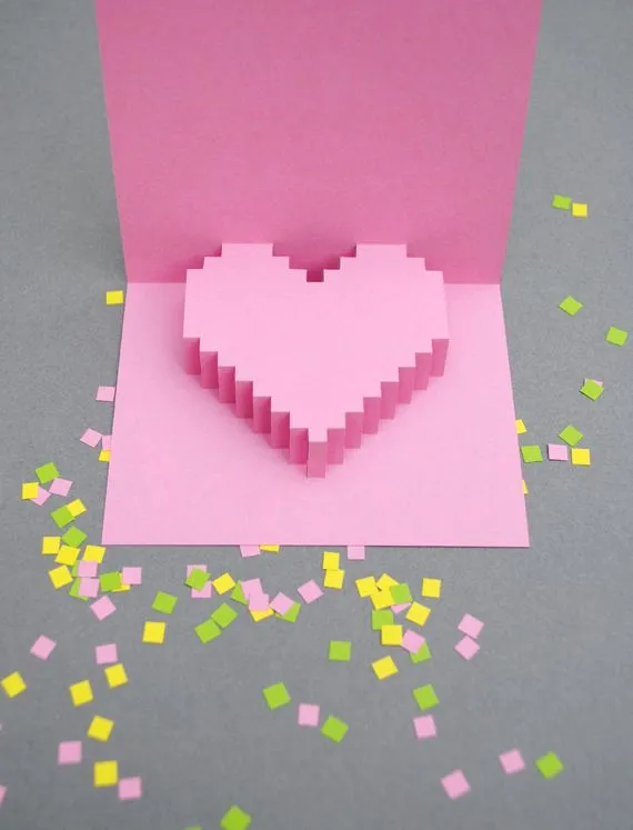 Regalos manuales de amor: Tarjeta con corazón 3D en píxeles