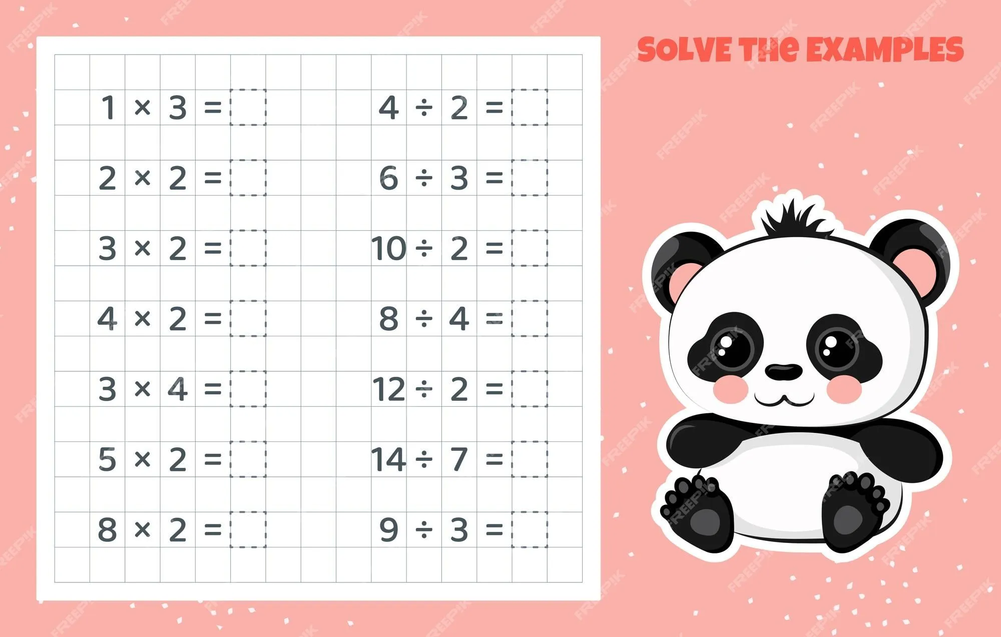 Resuelve los ejemplos división y multiplicación juego de rompecabezas  matemático hoja de trabajo para la escuela | Vector Premium