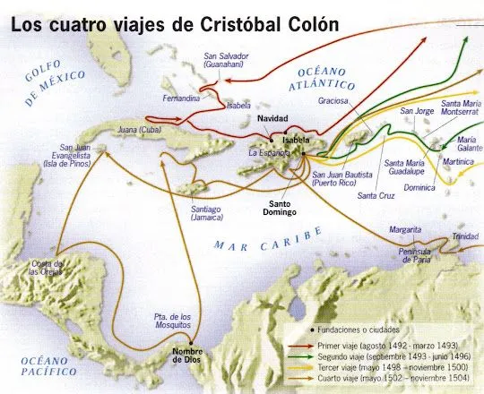 RESUMEN CORTO : MAPA DE LOS 4 VIAJES DE CRISTOBAL COLON